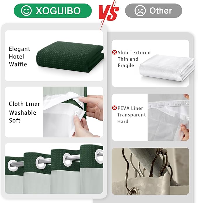 No Hook Shower Curtain and Liner Set, Dark Green Hotel Waffle Shower Curtain - Image 5