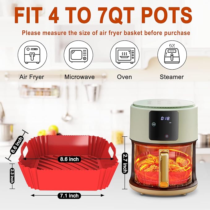2 Pack Silicone Air Fryer Liners Reusable, 7.1 Inch Airfryer Liners 4-7 QT - Image 2