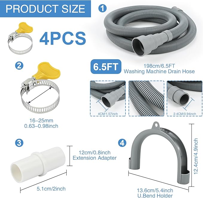 6.5ft Washing Machine Drain Hose Extension Kit, Universal 7PCS Set - Image 2