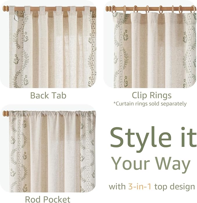 jinchan Belrose Linen Curtains for Bedroom Floral Curtains 63 Inch Length Sage - Image 4