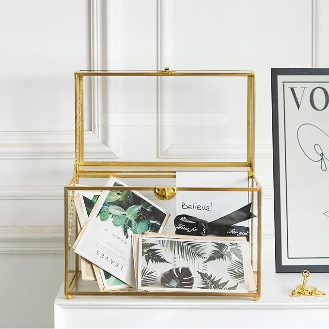 Glass Wedding Card Box with Slot, 10.2 inch Clear Card Box Gold Brass Gift Card - Image 5