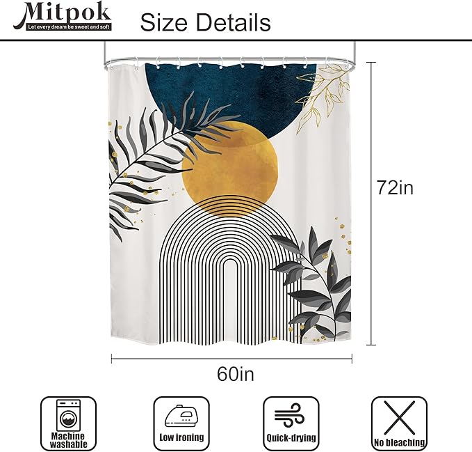 Navy Blue Boho Shower Curtain 60Wx72H Modern Bohemian Mid Century Abstract Gold - Image 5
