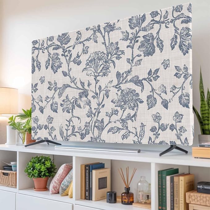 Rustic Blue Flower Leaves Sketch Indoor TV Cover, Elastic TV Screen Protector by Unknown