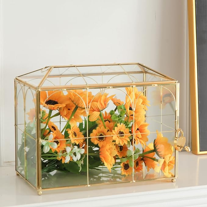 Glass Card Box with Slot, 10.2 inch Large Gold Clear Card Box - Image 2