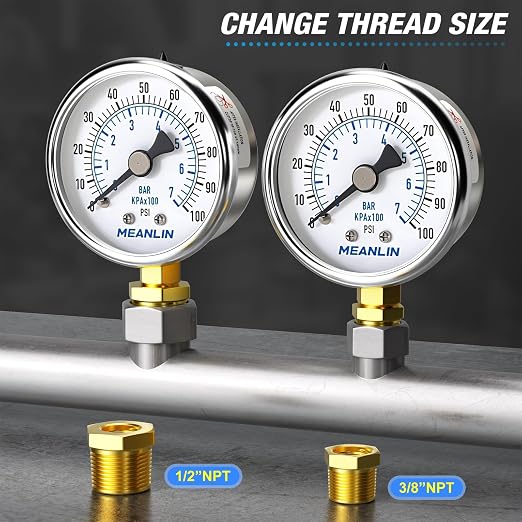MEANLIN MEASURE 0~100Psi Dry Pressure Gauge Stainless Steel 1/4" NPT 2" FACE - Image 3