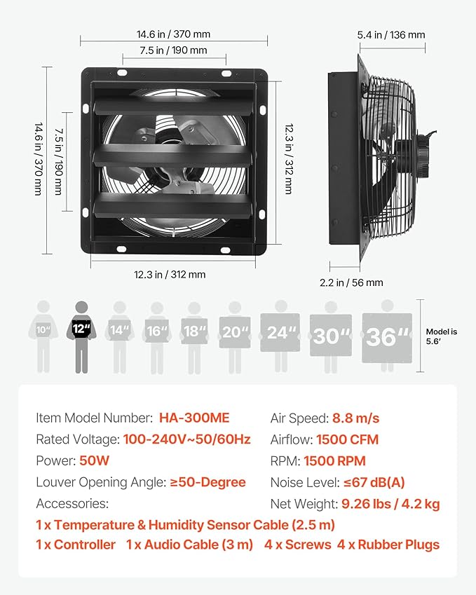 VEVOR 12 inch Exhaust Fan, Wall Mounted Attic Fan - Image 7