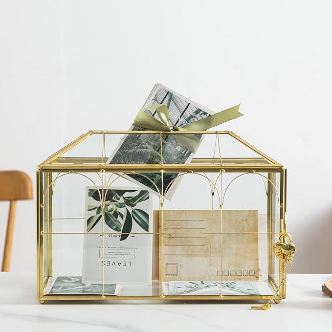 Glass Wedding Card Box with Slot, 12.5'' Large Clear Card Box Gold Brass Gift - Image 2