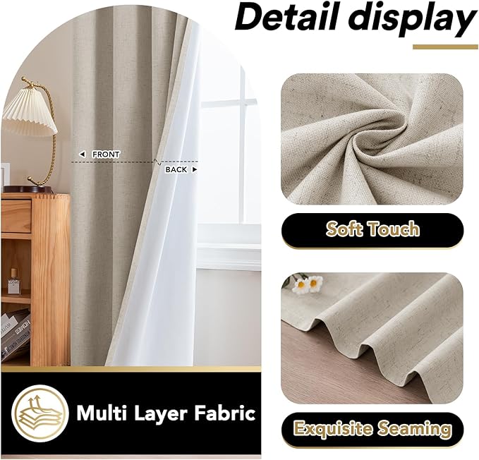 PrinceDeco 100% Blackout Linen Curtains 96 Inch Long Nature Burlap Fabric Black - Image 6