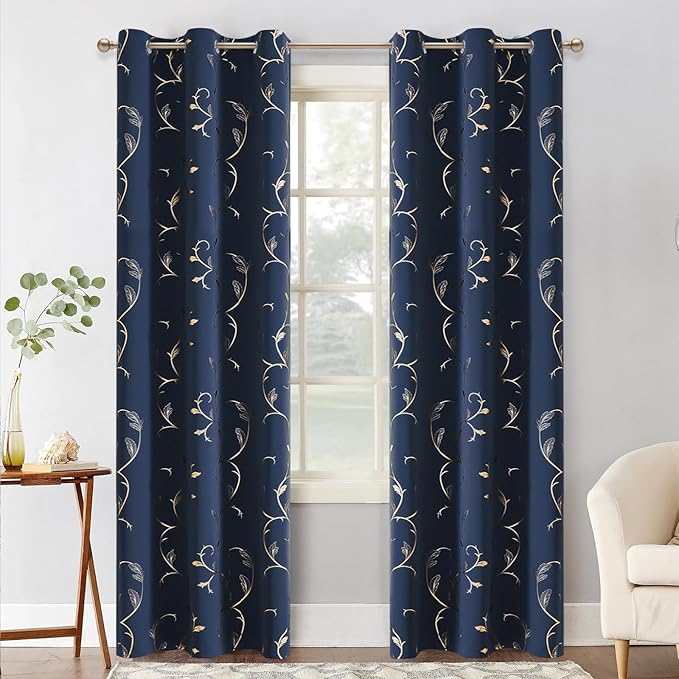 BUHUA Blackout Curtains Gold Foil Print Flower Vine Grommet Drapes, Room - Image 2