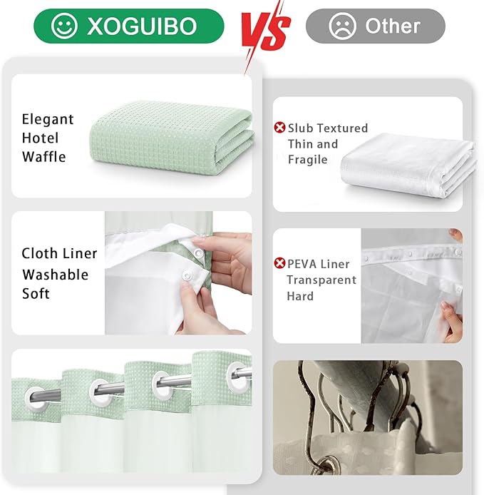 No Hook Shower Curtain and Liner Set, Mint Green Hotel Waffle Shower Curtain - Image 5
