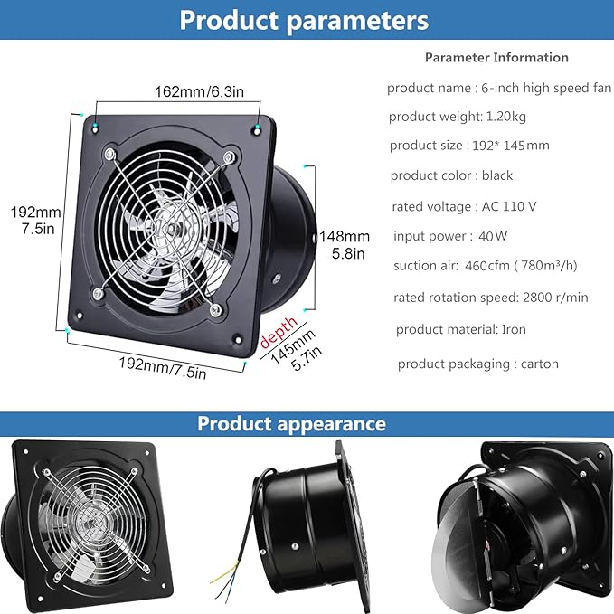 6 inch Exhaust Fan Metal Iron Ventilation Extractor, Silence - Image 3