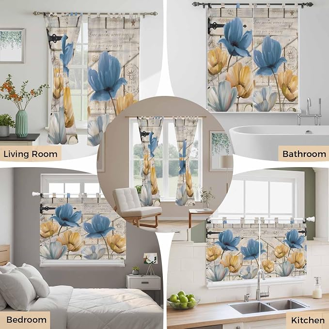 Blue Yellow Tulips Living Room Curtains 84 Inch Length, Window Curtains Tab Top - Image 7