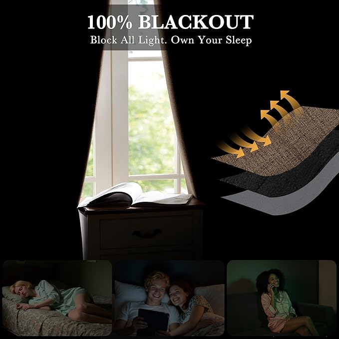 RYB HOME Coffee Linen 100% Blackout Curtains - Image 3