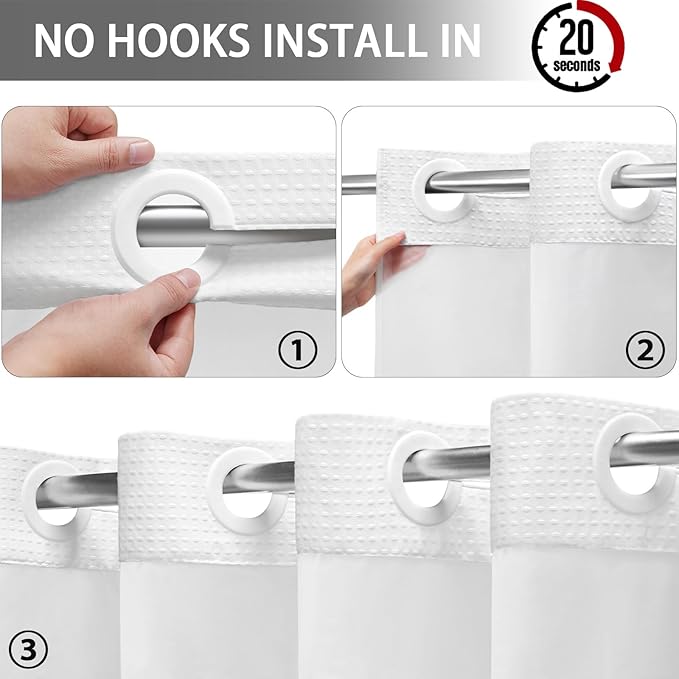 No Hook Shower Curtain with Fabric Liner White Hotel Waffle 75" L x 72" W - Image 3