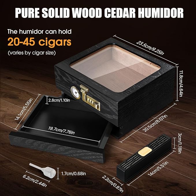 Cigar Humidor, Cedar Wood Humidor Cigar Box, Glass Top Desktop Humidor - Image 4