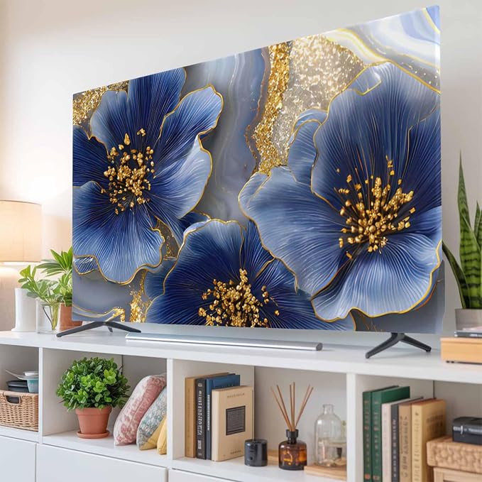 Watercolor Blue Flower Abstract Gold Indoor TV Cover, Elastic TV Screen by Unknown