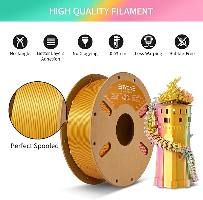 ERYONE Silk Tri Color PLA Filament 3D Printer 1.75mm +/- 0.03mm, - Image 5