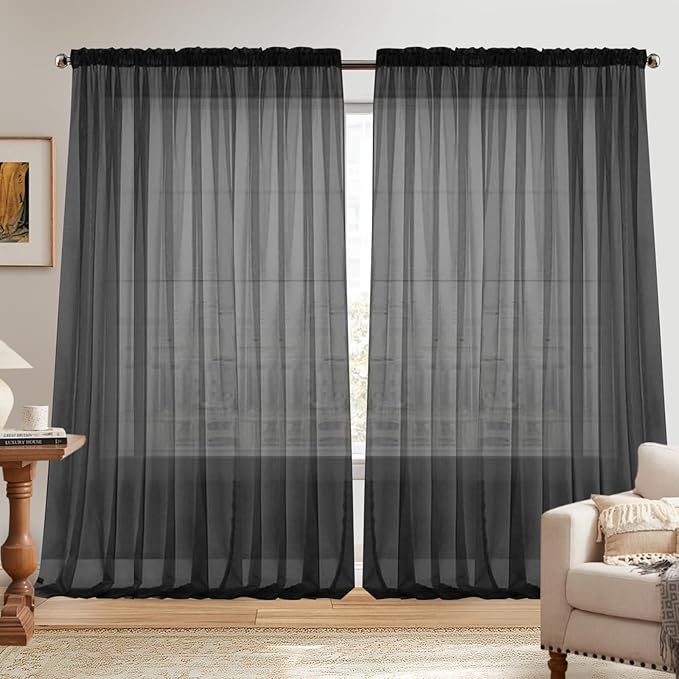 Dreaming Casa Solid Sheer Curtains 96 Inches Long Black Rod Pocket Voile by DreamingCasa