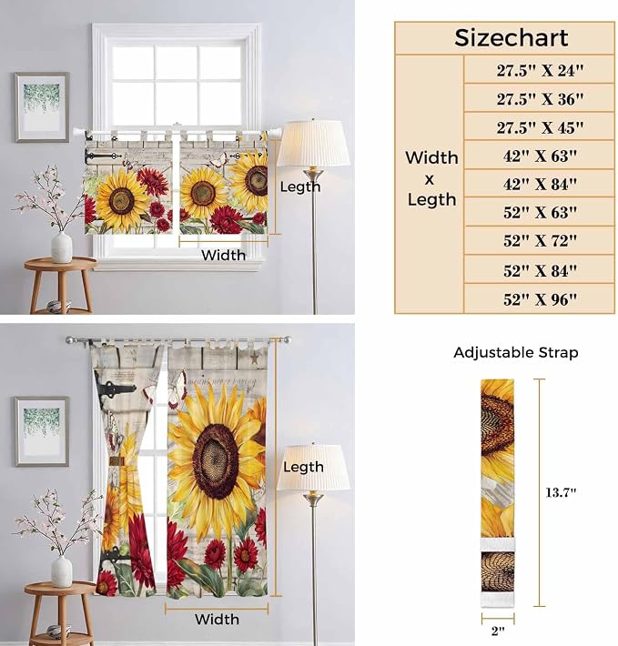 Red Yellow Sunflowers Bedroom Curtains 63 Inch Length, Window Curtains Tab Top - Image 8