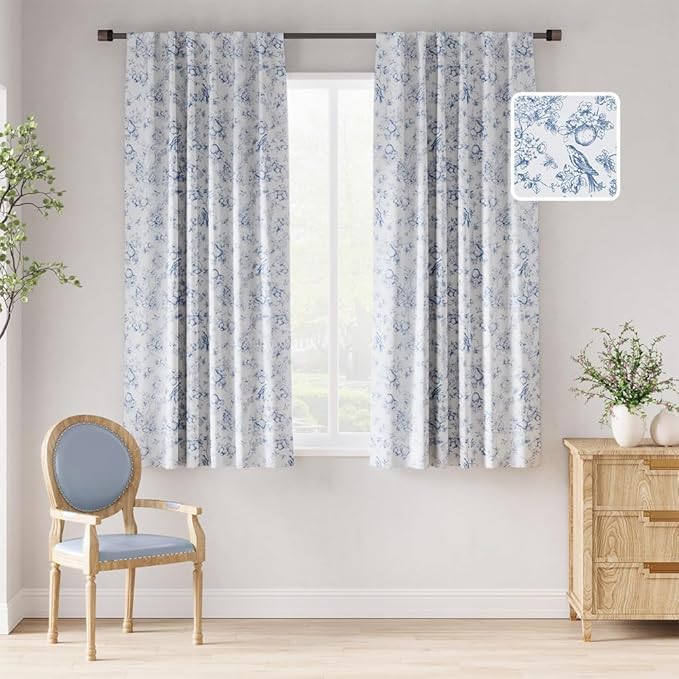 jinchan 95% Blackout Floral Curtains 63 Inch Length, Printed Flower Blue by JINCHAN