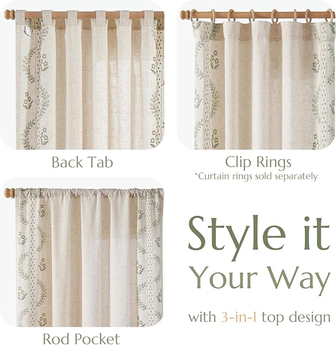 jinchan Belrose Linen Curtains for Bedroom Floral Curtains 96 Inch Length Linen - Image 6