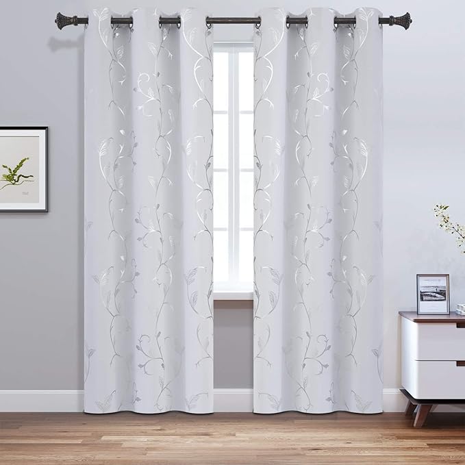 BUHUA Greyish White Curtains Shinny Silver Vine Print Design Blackout Window - Image 2