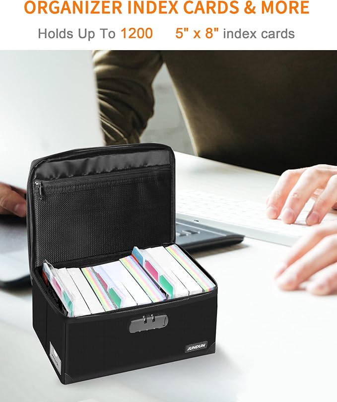 JUNDUN Index Card Holder with Lock, Collapsible Fireproof Index Card Box fits - Image 2
