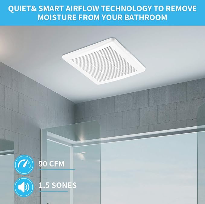 Tech Drive Bathroom Exhaust Fan 90 CFM 1.5 Sone, Very Quiet Ceiling Mounted - Image 2
