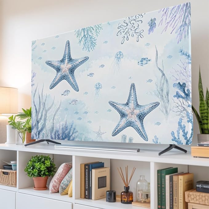 Sea Blue Starfish Coral Indoor TV Cover, Elastic TV Screen Protector Coastal by Unknown