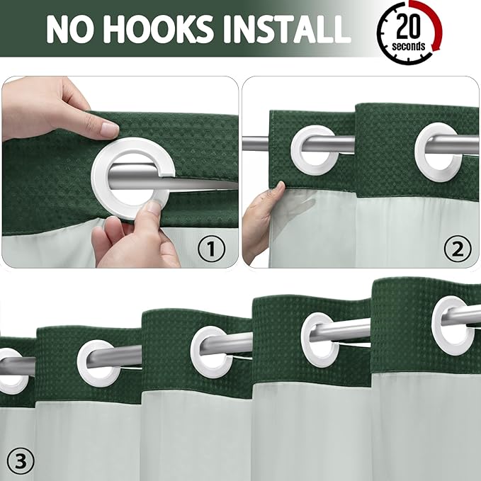 No Hook Shower Curtain and Liner Set, Dark Green Hotel Waffle Shower Curtain - Image 2