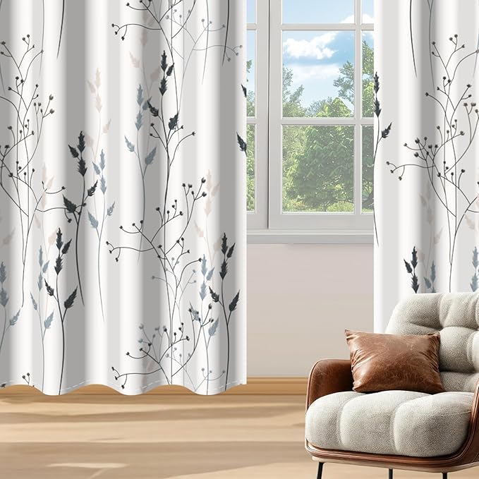 White Leaves Blackout Curtains 63 Inch Length, Room Darkening Curtains - Image 8
