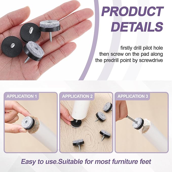 60 Pcs Black Screw on Furniture Felt Pads Kit, 0.8 Inch Non Slip Furniture Pads - Image 4