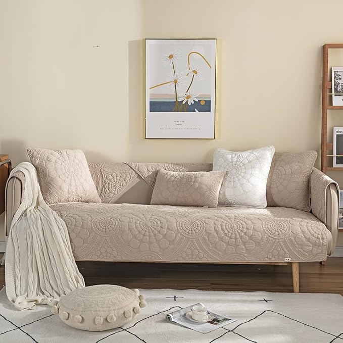 vctops Boho Circle Embroidery Couch Sofa Cover Solid Color Cotton Quilted - Image 2