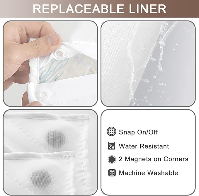 No Hook Shower Curtain with Snap in Liner, Beach Ocean Nautical Coastal Shower - Image 5