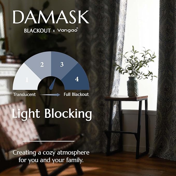 Vangao Vintage Damask Blue Curtains 84 Inch Long Blackout Curtains Linen - Image 5