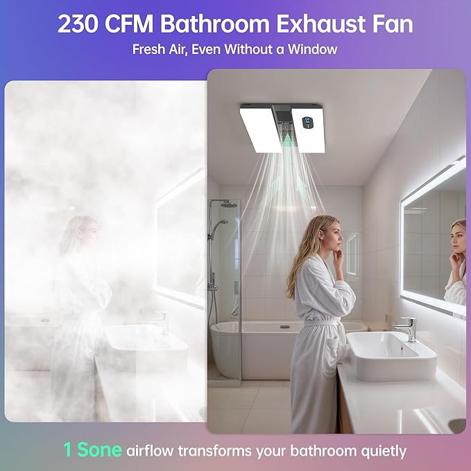 Bathroom Exhaust Fan with Heater, Odor & Humidity Sensors, 230 CFM Quiet - Image 2