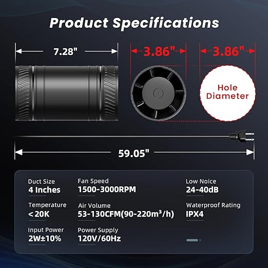 4 Inch Inline Fan with Remote, 2Way 6 Speed Inline Duct Fans High-Efficiency - Image 3