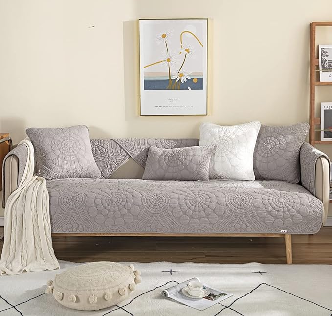 vctops Boho Circle Embroidery Couch Sofa Cover Solid Color Cotton Quilted - Image 2