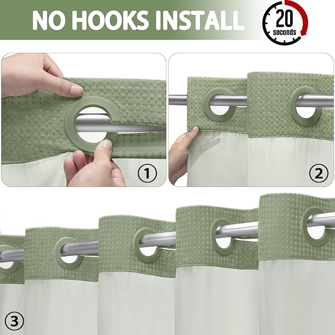 No Hook Shower Curtain and Liner Set, Sage Green Hotel Waffle Shower Curtain - Image 2