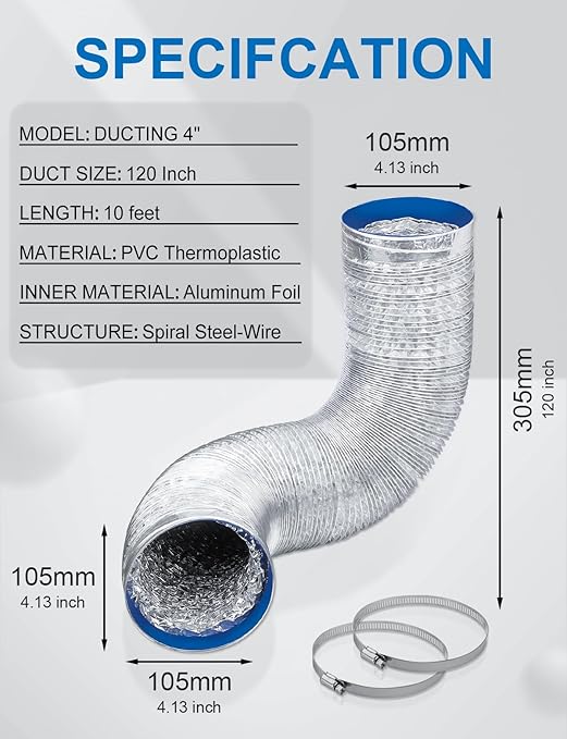 Wathai 4 Inch Flexible Dryer Vent Hose, 10ft Thick Aluminum Foil Ducting Kit - Image 3