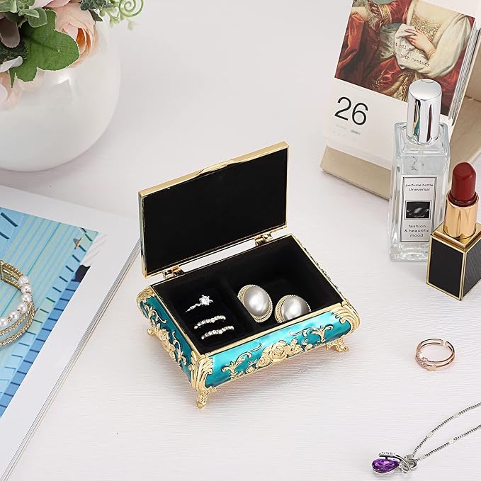 Hipiwe Vintage Metal Jewelry Box Small Treasure Chest Case Trinket Organizer - Image 3