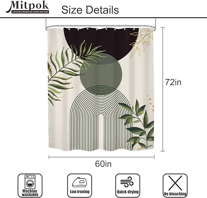 Dark Green Boho Shower Curtain 60Wx72H Black Green Modern Bohemian Mid Century - Image 5