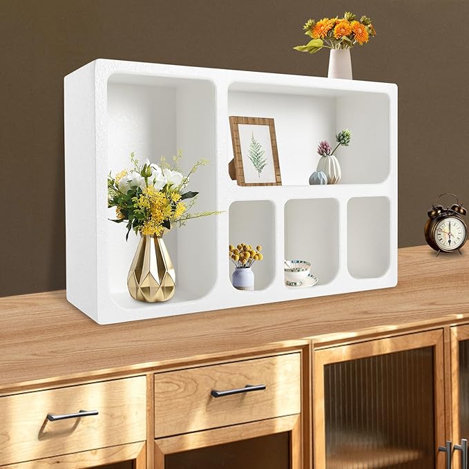 5-Compartment White Arched Floating Cabinet, Modern Geometric MDF Wall-Mount - Image 2