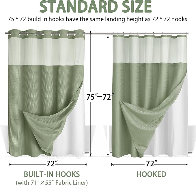 No Hook Shower Curtain and Liner Set, Sage Green Hotel Waffle Shower Curtain - Image 6