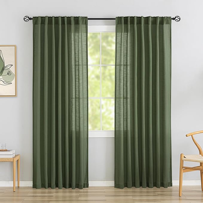 DONREN Olive Dark Green Linen Back Tab Curtains 84 Inches Long 2 Panels Set by DONREN
