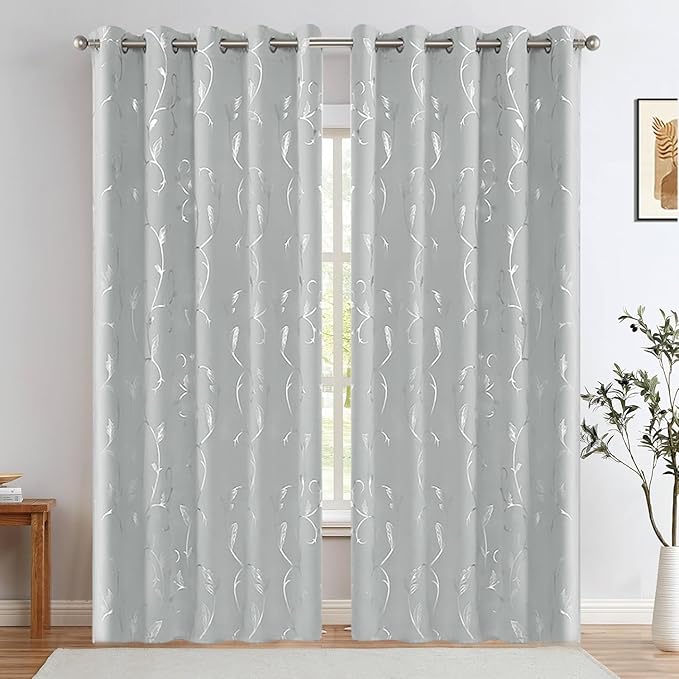 BUHUA Blackout Curtains Silver Foil Print Flower Vine Grommet Drapes, Room - Image 2