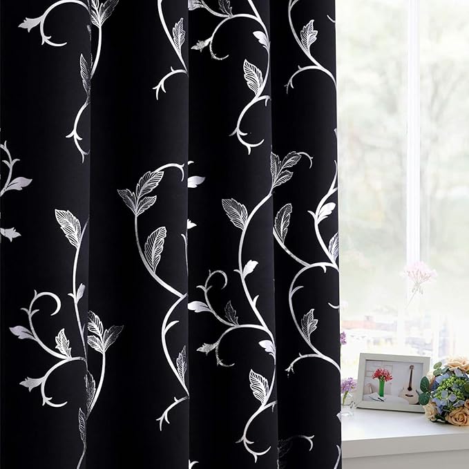 BUHUA Blackout Curtain 2 Panel Set Silver Vine Foil Print Thermal Insulated - Image 7