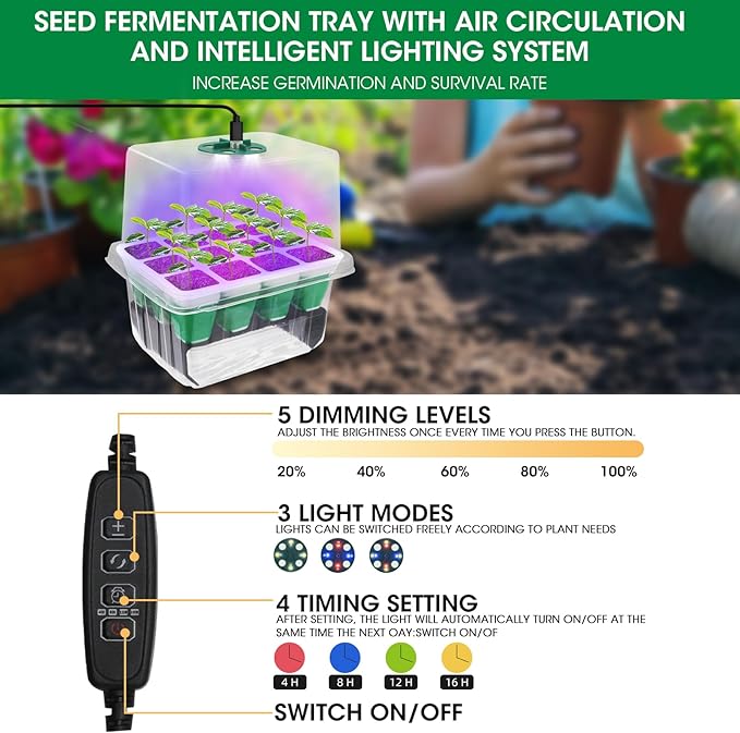Seed Starter Tray with Grow Light, 5 Pack 60 Cells Seedling Tray Kit Reusable & - Image 8