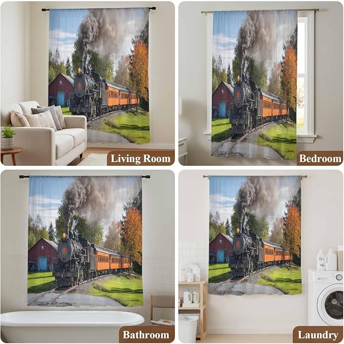 Steam Train Sheer Curtains 45 Inch Length Railroad Country Barn Rustic Trees - Image 7