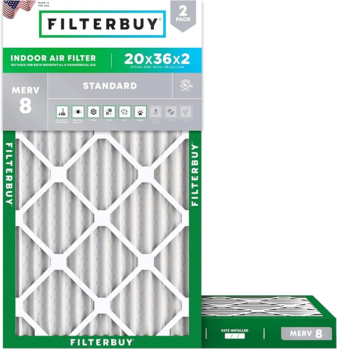 Filterbuy 20x36x2 Air Filter MERV 8 Essential Dust & Allergy Defense, by Filterbuy